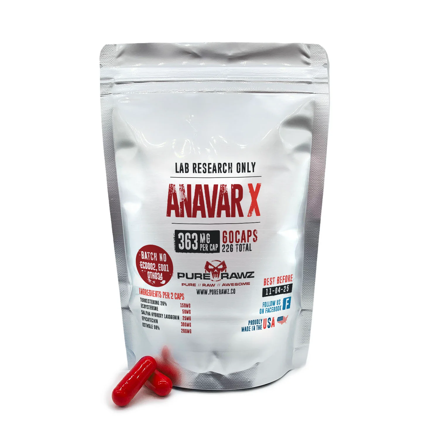 Anavar X Capsules (Turkesterone 20% + Beta-Ecdysterone + 5 Alpha-Hydroxy-Laxogenin + Epicatechin + Osthole 98%) - 363mg per cap / 60ct / 22g