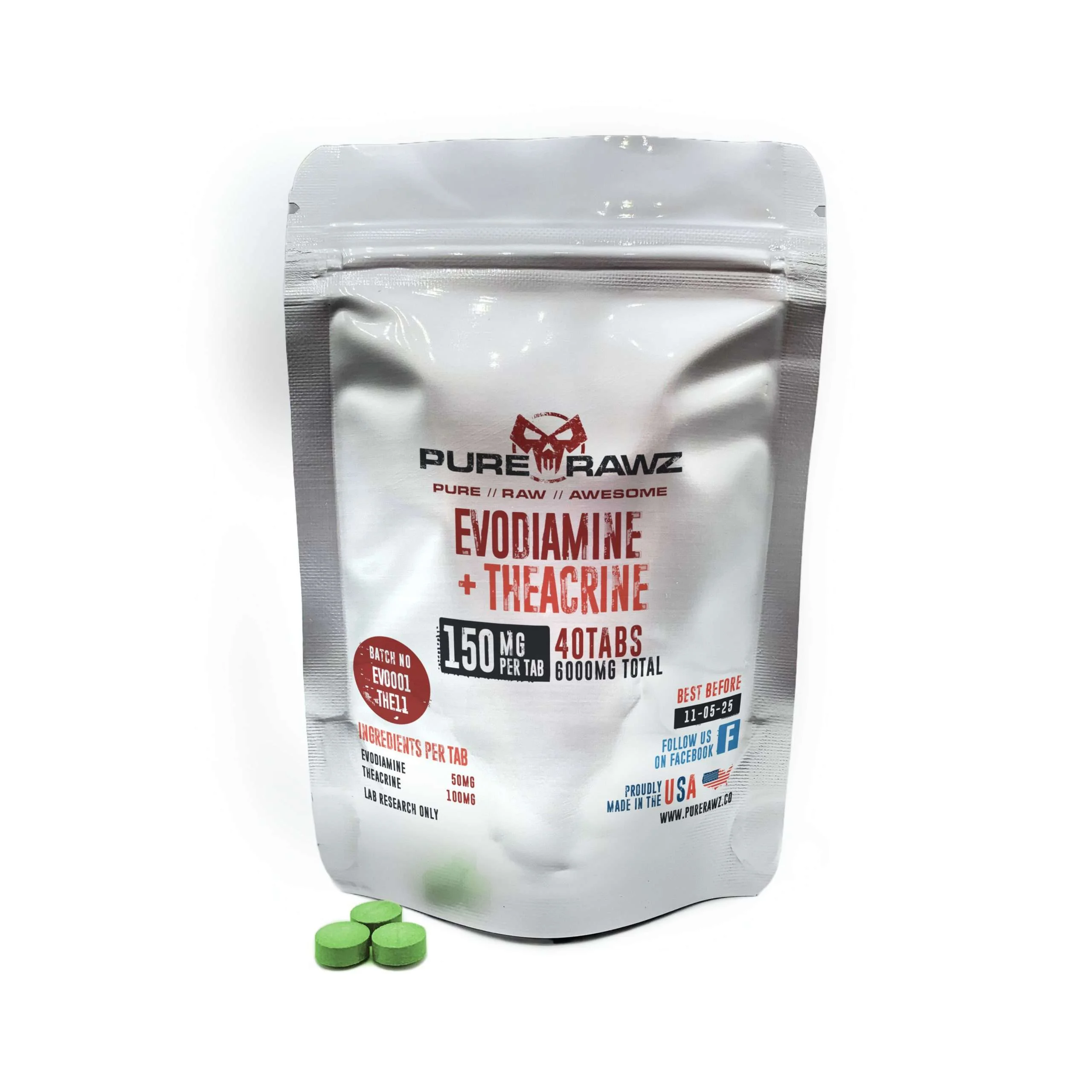 Evodiamine + Theacrine Tablets - 150mg per tablet/40ct/6g
