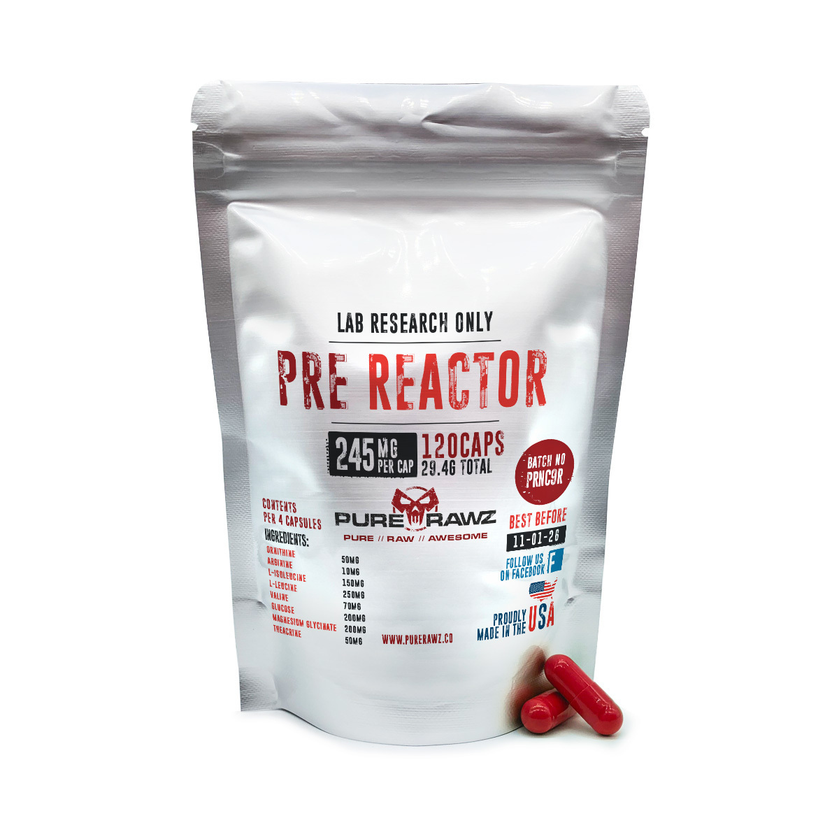 Pre Reactor Capsules (Ornithine + Arginine + L-Isoleucine + L-Leucine + Valine + Glucose + Magnesium Glycinate + Theacrine ) - Image 3
