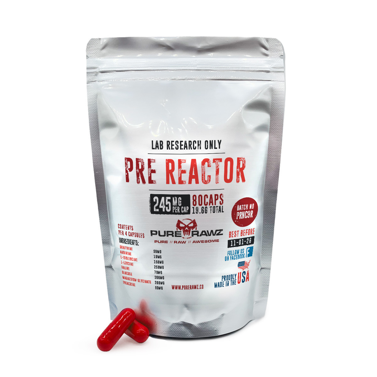 Pre Reactor Capsules (Ornithine + Arginine + L-Isoleucine + L-Leucine + Valine + Glucose + Magnesium Glycinate + Theacrine ) - Image 2
