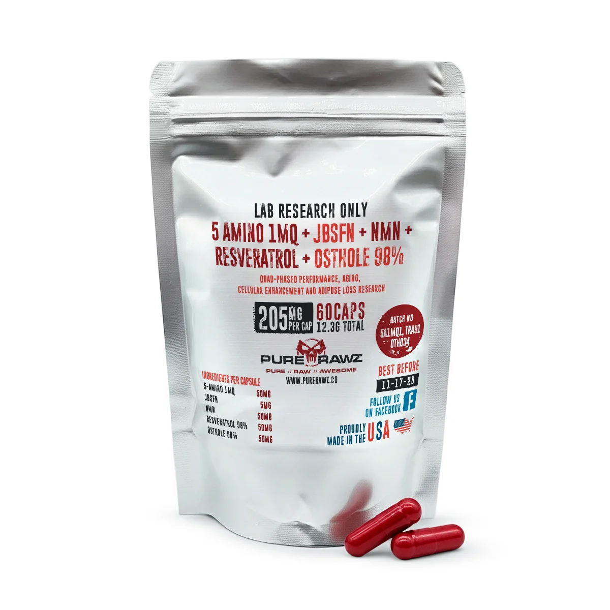 5 Amino 1MQ + JBSFN + NMN + Resveratrol + Osthole 98% Capsules - 205mg per cap/60ct/12.3g