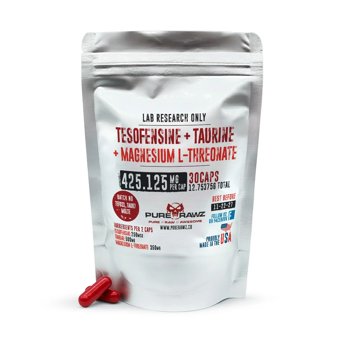 Tesofensine + Taurine + Magnesium L-Threonate Capsules - 425.125mg per capsule/30ct/12.75375g 1 Tesofensine + Taurine + Magnesium L-Threonate Capsules - 425.125mg per capsule/30ct/12.75375g