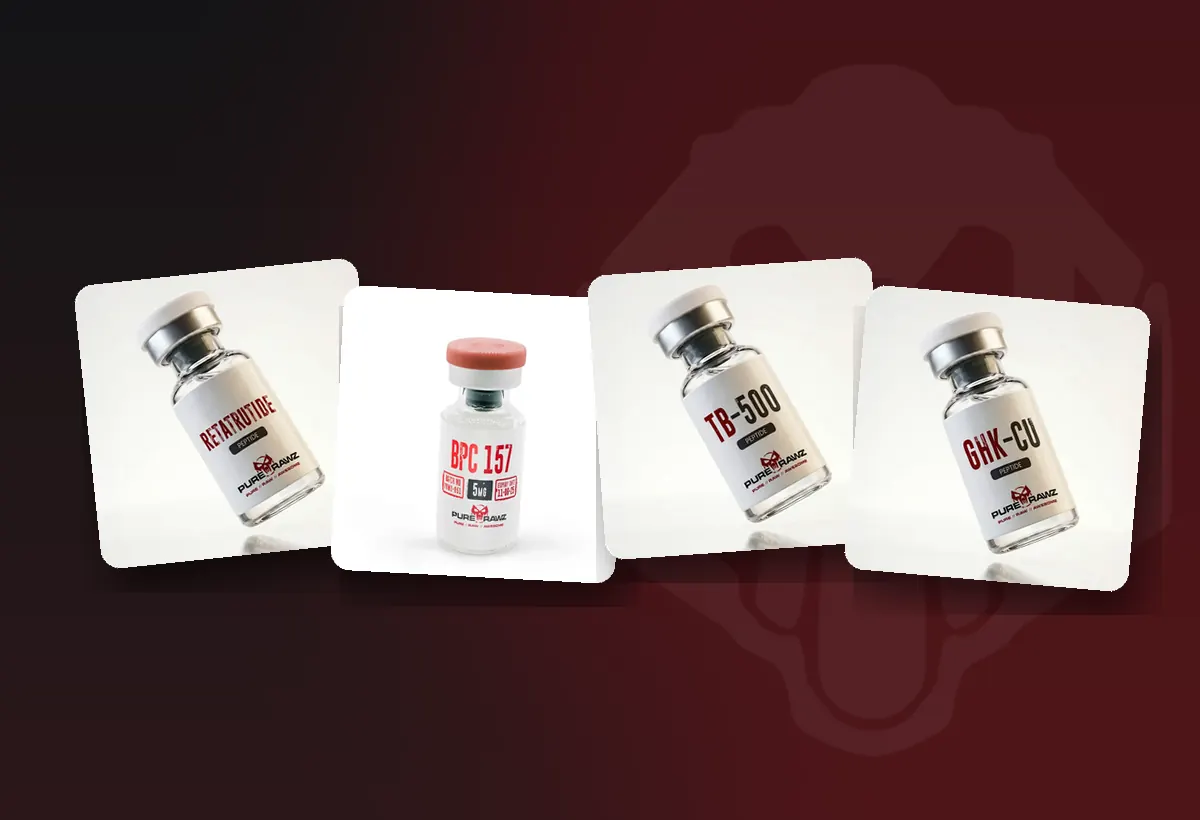 Pure Rawz shop: Retatrutide, BPC-157, TB-500 and GHK-Cu vials